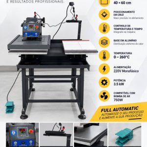 Prensa térmica automática de dois pratos 40 × 60 cm e respetivas características técnicas